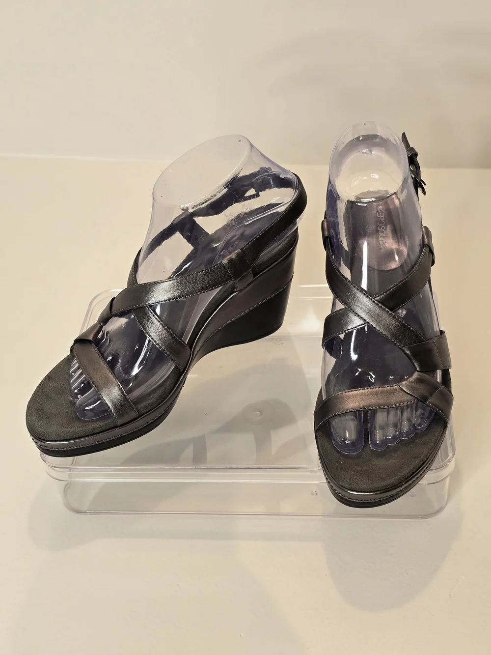 AEROSOLES Metallic Charcoal Crisscross Wedge Sandals Sz 6.5